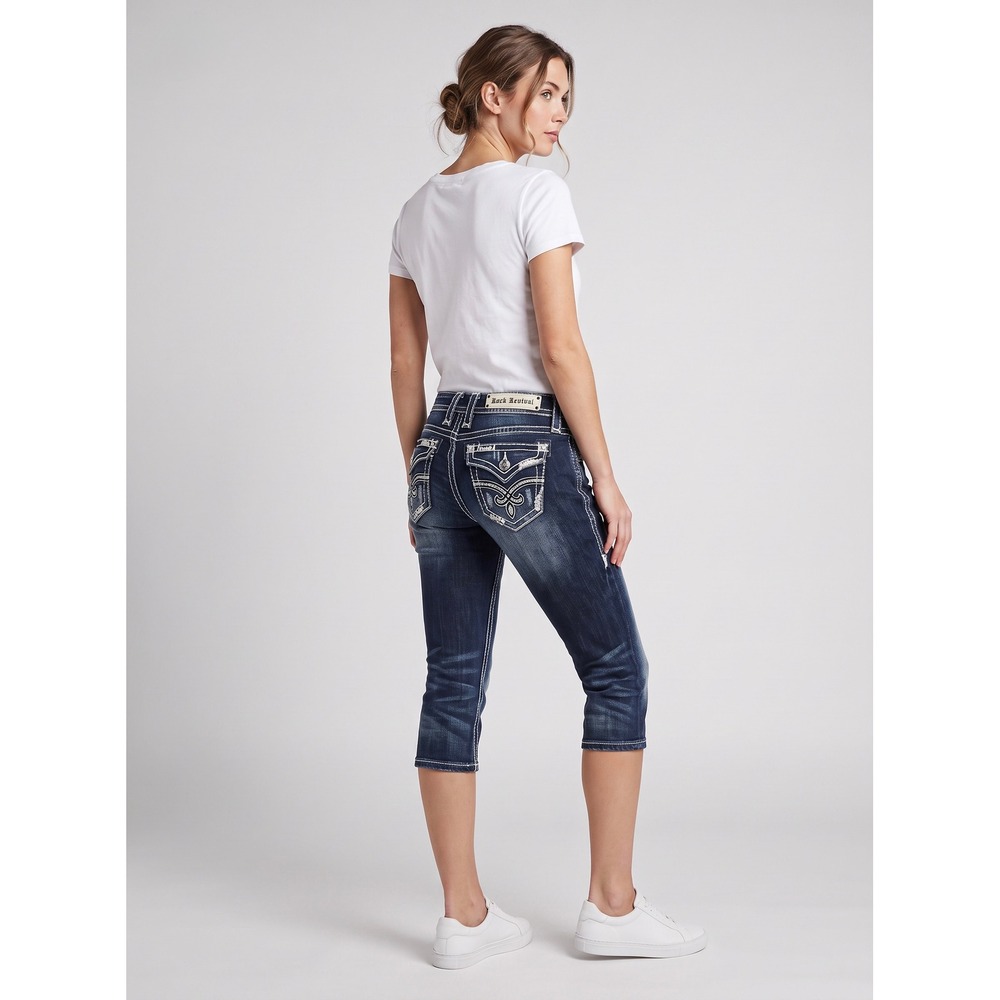 Rock Revival Elaina Capri Jeans Buckle Exclusive Dark Wash Embroidered Size 31